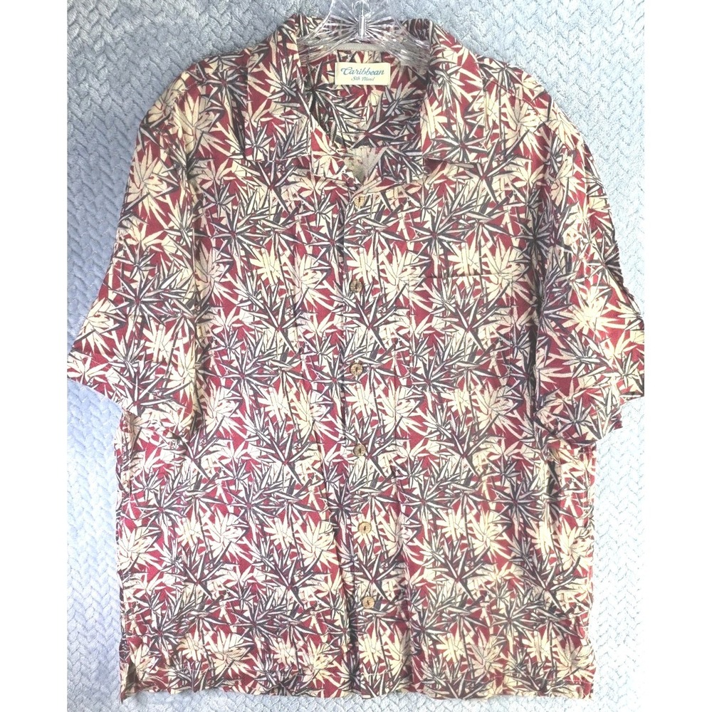 Caribbean Hawaiian Floral Shirt Men's Large Red Casual Silk Blend Loop Collar